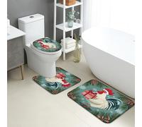Christmas Bathroom Mat Sets 3 Piece, Rustic Rooster Farmhouse Absorbent Non Slip Toilet Rugs U Shaped Washable, Country Style Quick Dry Flannel Bathroom Rug Set