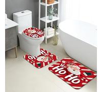 Christmas Bathroom Mat Sets 3 Piece, Santa Claus Red Non Slip Toilet Rugs U Shaped Washable, Holiday Festive Quick Dry Flannel Bathroom Rug Set