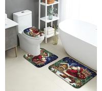 Christmas Bathroom Mat Sets 3 Piece, Santa Claus Winter Wonderland Absorbent Non Slip Toilet Rugs U Shaped Washable, Festive Holiday Quick Dry Flannel Bathroom Rug Set