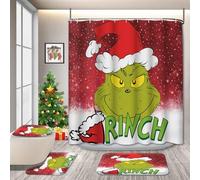 Christmas Bathroom Set with Shower Curtain and Rugs, Funny Green Monster Holiday Design, Festive Toilet Cover and Bath Mat, Waterproof, Non-Slip, with 12 Hooks, 72 x 72 Inch