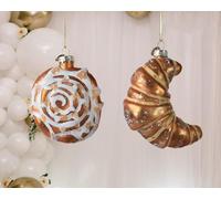 Christmas Bauble - Hanging Glass Cinnamon Roll & Croissant Ornaments, Fun Food-Themed Christmas Tree Decorations, Glitter Pastry Baubles, Unique Holiday Ornament, 2 pcs