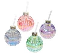 Christmas Bauble Shape Drinking Glass Set of 4 with Reusable Straw - Pearlescent Colours 2392