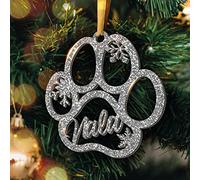 Christmas Bauble with Name - Personalized Christmas Tree Decoration in the Shape of a Dog Paw - Glitter Tree Ornament (Model Dog Paw, Glitter Silver)