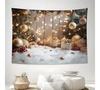Christmas Bauble Wooden Board Tapestry, Christmas Theme Wall Hanging Tapestries, Gold Walls Hanging Aesthetic Tapestry Home Xmas Decor for Bedroom Dorm Room100Lx75W