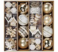 Christmas Baubles, 60 ct White Gold Assorted Xmas Elements Ornaments, Shatterproof Decorative Hanging Ball Ornaments for Holidays Party Wedding Christmas Tree Decoration (House & Magic Hat)