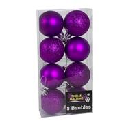 Christmas Baubles 8 Pack 50mm Shatterproof Baubles Glitter/Plain Design Baubles (Purple 1146)