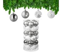Relaxdays Christmas Baubles Set of 30, Plastic, D: 6 cm, Round, Shatterproof, Tree Decorations, Patterns, Silver/White, 7 x 6 x 6 cm