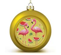 Christmas Baubles,Pink Flamingo And Watermelon Christmas Balls Ornaments with Lanyards,Shatterproof Plastic Hanging Baubles,for Festive Party Home Decor (6cm /golden)