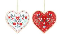 Christmas Baubles, Set of 2 Hanging Red Heart Bauble & White Heart Bauble, Floral Xmas Christmas Tree Decorations, Traditional Mountain Ski Lodge Alpes Xmas Hanging Room Decorations