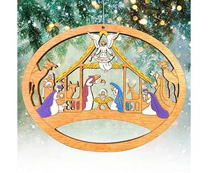 Christmas Baubles, The Birth Of Jesus Christmas Tree Ornament Wooden Hollow Pendant for Xmas Tree Hanging Baubles 3D Wood Crafts with Golden Rope Wood Chips for Christmas Holiday Decoration (C)