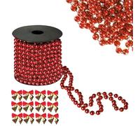 Christmas Bead Chain - 10M Gold Red Silver Beads Garland Decorations for Christmas Tree, Table, DIY - Includes 12 Bows, String Pearls for Decorating, Beaded Curtain & Holiday Decor