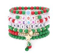 Christmas Beaded Stackable Elastic Bracelet for Women Men 7Piece Set Handmade Multilayer Letter Red Green Jingle Bells Snowflakes Star Charm Bangle Stretch Wristband Xmas Festive Party Holiday Jewelry