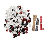 Christmas Beads Ornament Making Kit, DIY Snowman Bead Garland, Wooden Round Colorful Beads with Printed Patterns, Includes Hemp Rope and Plaid Ribbon for Christmas Tree Decorations