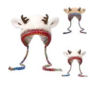 Christmas Beanie Hats for Women Winter Warm Windproof Knitted Antler Hat with Ear Protection Casual Cozy Oversize Christmas Beanie Cute Plush Hat 2-in-1