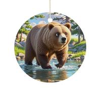 Christmas Bear Crossing The River Round Pendant Circle Ornament Hanging Ceramic Pendant Porcelain Round Decorations for Xmas Tree Winter New Year Wedding Party Home Decor