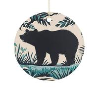 Christmas Bear Silhouette Round Pendant Circle Ornament Hanging Ceramic Pendant Porcelain Round Decorations for Xmas Tree Winter New Year Wedding Party Home Decor