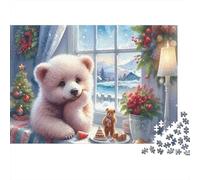 Christmas Bear Window 1000 Piece Jigsaw Puzzles Pink Bear Snowy Window for Adults Educational Game Home Decoration Difficult Challenging Male And Female Birthday 38x26cm