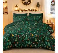 Christmas Bedding Forest Green Tree King Size Duvet Cover Sets 3 PCS | 220x230cm Soft Microfiber King Duvet Cover & 2 Pillowcases in Christmas Tree Stars Gift Socks Candy Gingerbread Man Pattern