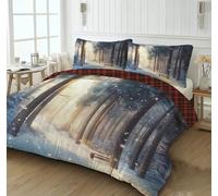 Christmas Bedding Super King, Xmas Watercolor Forest Printed Duvet Set, Super Soft Warm Abstract Sunny Path Duvet Set, 260x220CM Comfy Brushed Microfiber Quilt Bedding with 2 Pillowcases, Grey