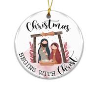 Christmas Begins with Christ Ornament - Ceramic Nativity Christmas Tree Hanging Decoration - Religious Christian Holiday Keepsake Gift for Family Friends and Church Members