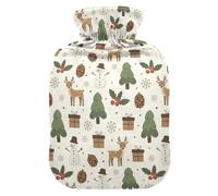 Christmas Beige Deer & Tree Water Bottle for Hot Water with Soft Cover, 1L Hot Compress Bag for Hand Feet Warmer