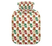 Christmas Beige Red Green Gold Stocking Bell Hot Waterbottle with Soft Cover, 1L Warm Water Bottle for Bed for Arthritis
