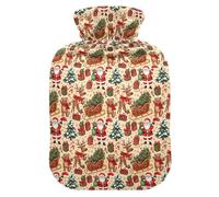 Christmas Beige Red Green Santa Hot Bottle Water Bag with Soft Cover, 1L Water Bag for Hand Feet Warmer
