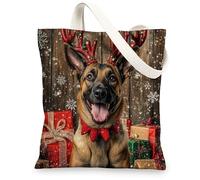 Christmas Belgian Malinois Dog Canvas Tote Bag for Shopping 13x15, Fun Rustic Xmas Gifts Puppy Reusable Grocery Print Bag for Women, Holiday Pet Aesthetic Painting Gift Decoration