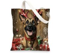 Christmas Belgian Malinois Dog Canvas Tote Bag for Shopping 13x15, Fun Rustic Xmas Gifts Puppy Reusable Grocery Print Bag for Women, Holiday Pet Aesthetic Painting Gift Decor