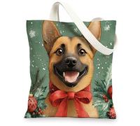 Christmas Belgian Malinois Dog Canvas Tote Bag for Shopping 13x15, Fun Xmas Holly Puppy Reusable Grocery Print Bag for Women, Holiday Pet Aesthetic Painting Gift Decor