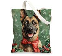 Christmas Belgian Malinois Dog Canvas Tote Bag for Shopping 13x15, Fun Xmas Holly Puppy Reusable Grocery Print Bag for Women, Holiday Pet Aesthetic Painting Gift Decoration