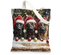 Christmas Belgian Malinois Dog Canvas Tote Bag for Shopping 13x15, Xmas Balls Window Puppy Reusable Grocery Print Pattern Bag for Women Men, Holiday Fun Aesthetic Painting Gift Decor