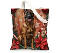 Christmas Belgian Malinois Dog Canvas Tote Bag for Shopping 13x15, Xmas Candy Poinsettia Puppy Reusable Grocery Print Bag for Women Men, Holiday Pet Aesthetic Painting Gift Decor