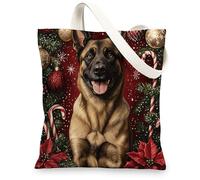 Christmas Belgian Malinois Dog Canvas Tote Bag for Shopping 13x15, Xmas Candy Poinsettia Puppy Reusable Grocery Print Bag for Women, Holiday Pet Beach Aesthetic Painting Gift Decor