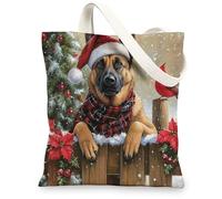 Christmas Belgian Malinois Dog Canvas Tote Bag for Shopping 13x15, Xmas Farmhouse Cardinal Puppy Reusable Grocery Print Bag for Women, Holiday Pet Beach Aesthetic Painting Gift Decor