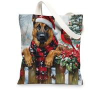 Christmas Belgian Malinois Dog Canvas Tote Bag for Shopping 13x15, Xmas Farmhouse Cardinal Puppy Reusable Grocery Print Bag for Women Men, Holiday Pet Aesthetic Painting Gift Decor
