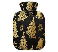 Christmas Bell and Tree Gold and Black hot Bottle Water Bag with Soft Cover, 2L hot compresses for The Body for Pain Relief,Pain Relief,Bolsa para agua Caliente para Dolor