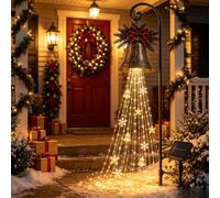 Christmas Bell Cascade Solar Yard Light, Waterfall Effect Outdoor Garden, Light with Vintage Bell & Evergreen Accents, Solar Powered Christmas Pathway Light for Lawn Front Yard, 1PC
