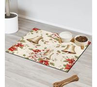 Christmas Bell Flower Pet Feeding Mat for Cat Dog Water Bowl Food Mats Pet Feeding Mats Absorbent Nti-Slip Contain Spills Protects Floors Placemat 30.4 x 50.8 cm
