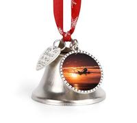 Christmas Bell Ornaments - Airplane at Sunset Metal Jingling Bells with Ribbons for Xmas Tree Decor, Silver Holiday Hanging Bells for Home Wall Decor, Festive Gift Ideas Love Bell