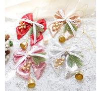 Christmas Bell Pendant with Pearl Glitter Bow for Tree and Vehicle Hanging, Lightweight PE Material for Festive Use (Pink)