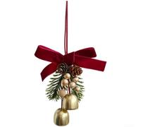 Christmas Bell Wreath Ornament with Bow, Pinecones and Berries Hanging Decor for Tree or Car, Red Wooden and Plastic 24cm(Style A)