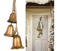 Christmas Bells for Decoration,Set of 3 Harmony Cow Bells,Vintage Iron Bell,Decoraitve Brass Bell with Jute Hanging Rope,Hanging Brass-Gold Cowbell for Xmas Tree Wreath Window Shelf Fireplace Decor