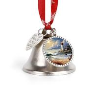 Christmas Bells Ornaments - Sea Lighthouse Sandbeach Xmas Jingle Bells Silver DIY Hanging Pendant, Vintage Rustic Love Bell for Xmas Tree, Wreath, Holiday Wedding Home Decor