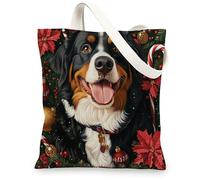 Christmas Bernese Mountain Dog Canvas Tote Bag for Shopping 13x15, Xmas Candy Poinsettia Puppy Reusable Grocery Print Bag for Women, Holiday Pet Beach Aesthetic Painting Gift Decor