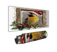 Christmas Bird Large Mouse Pad, Yellow Chickadee Holiday Design, Rubber Non-Slip Washable Mousepad for Home and Office Computer, Laptop 12x32 Inch