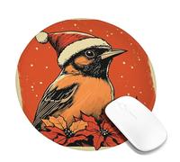 Christmas Bird Themed Mouse Pad, Orange Winter Poinsettia Design, Stitched Edge Non-Slip Mousepad for Home and Office Computer, Laptop Round 8x8 Inch