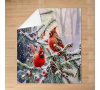 Christmas Birds Flannel Blankets,Northern Cardinals Fleece Blanket,Kids Girls Boys Adult Pine Tree Red Berry Fuzzy Blankets Winter Snow Scenery Sherpa Blanket Chair Sofa Bed Decor,40"×50"