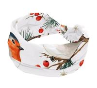 Christmas Birds Red Berries Fir Twigs Stars White Background Stretchy Headbands for Women, Non-Slip Hair Bands Fashion Sports Turban for Yoga Workout Daily Use