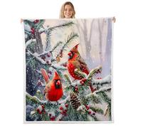 Christmas Birds Throw Blankets,Northern Cardinals Fleece Blanket,Kids Girls Boys Adult Pine Tree Red Berry Fuzzy Blankets Winter Snow Scenery Sherpa Blanket Chair Sofa Bed Decor,40"×50"